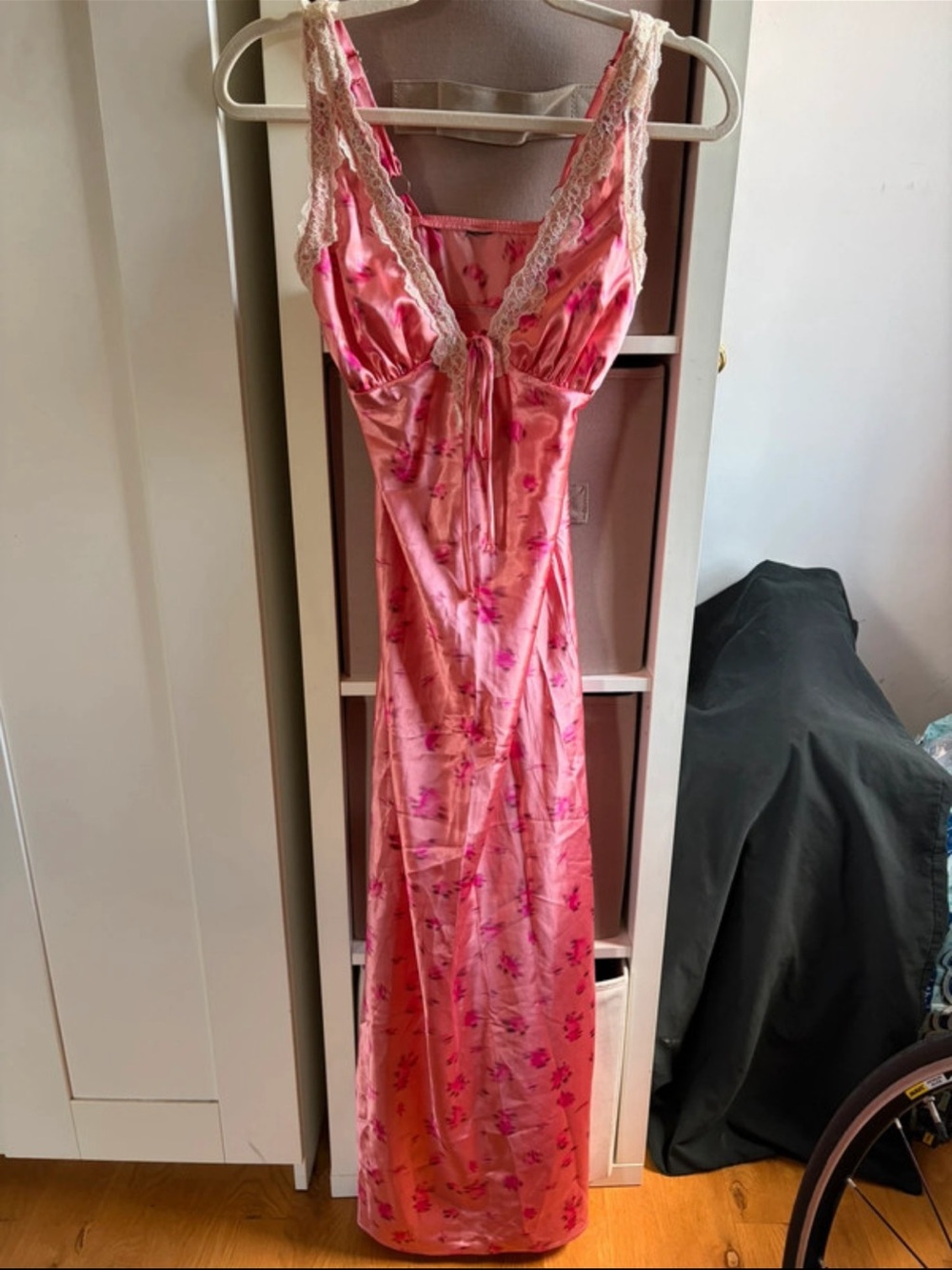 Pink Floral Lace-Trim Satin Dress